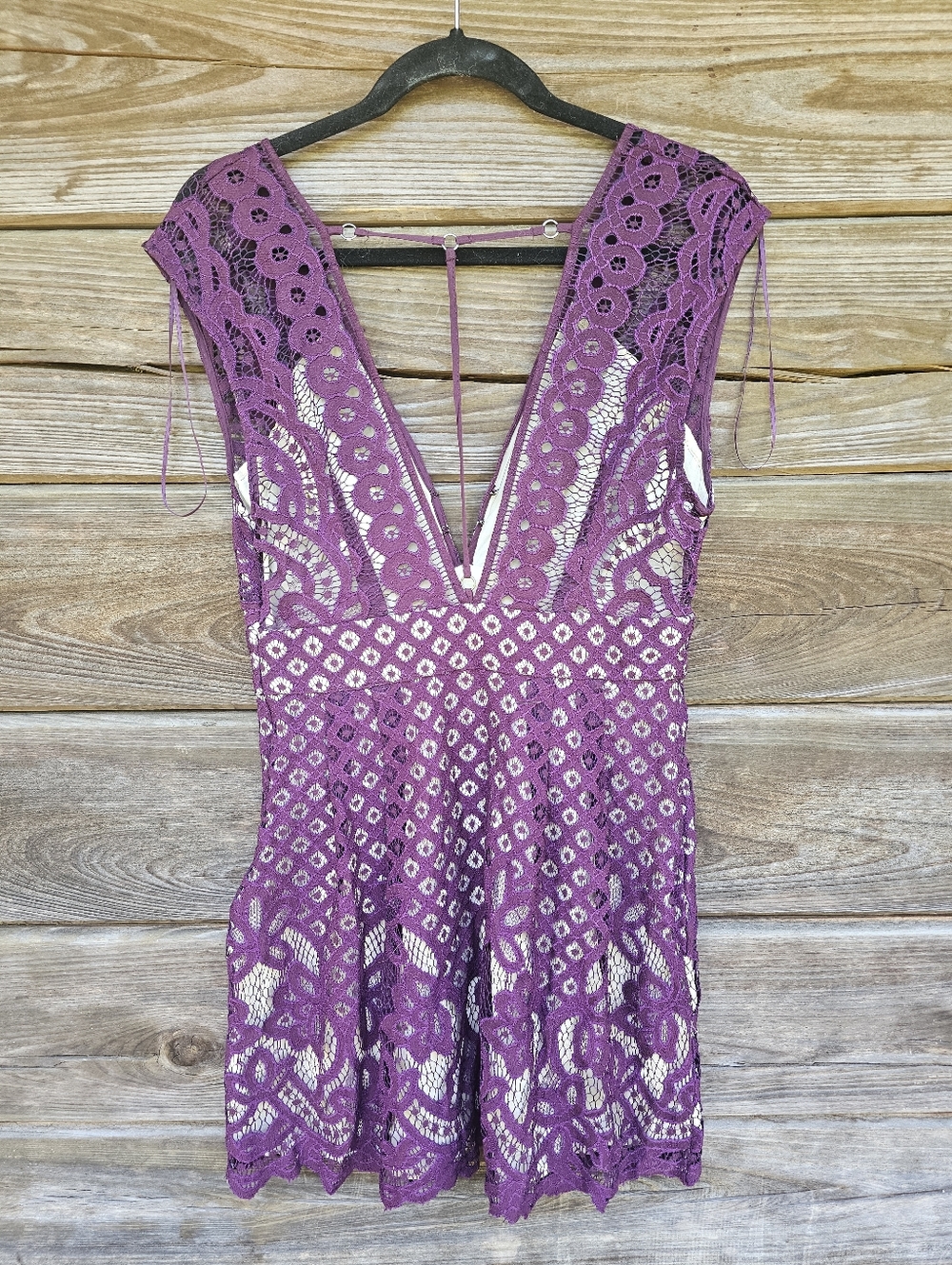 Free People Purple Lace Deep V Mini Dress Size 8